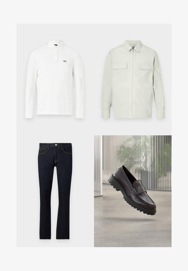 Veste gris clair en matériau léger, dotée d'une fermeture éclair complète, de deux poches avant et d'un design minimaliste avec un logo de marque subtil sur la manche.; Polo shirt blanc à manches longues en coton, avec un col à boutons et un petit logo noir sur la poitrine gauche. Design simple sans motifs.; Jean droit de couleur indigo foncé avec bouton frontal, fermeture éclair, design à cinq poches et détails de couture orange subtil.; Chaussure à enfiler en cuir marron avec un bout rond et une semelle en caoutchouc noire robuste. Présente une bride décorative traversant le coup de pied.