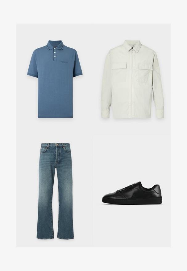 Veste gris clair en matériau léger, dotée d'une fermeture éclair complète, de deux poches avant et d'un design minimaliste avec un logo de marque subtil sur la manche.; Polo bleu à manches courtes avec trois boutons blancs et logo brodé discret sur la poitrine, présenté sur un fond neutre.; Jean en denim bleu avec un léger évasement en bas, design classique à cinq poches, fermeture par bouton et fermeture éclair, et légère décoloration sur les cuisses.; Sneaker noir en cuir à profil bas avec lacets sur le devant et semelle plate texturée, montré de profil sur un fond neutre.