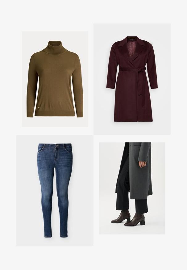 Burgundia villane coat, millel on lõhikrae, pikad varrukad ja ise siduv vöö taljes. Vooder on kaunistatud bränditud mustriga.; Lauren Ralph Lauren Woman SILK BLEND TURTLENECK SWEATER - Džemper - honey tan; Õhukesed tumedas sinises denimis kitsad teksapüksid tuhmunud tekstuuriga. Omavad traditsioonilist vöökohaga disaini, mille ees on nööp ja tõmblukk.; Tumedast pruunist nahast kõrge kontsaga ankle-botid terava ninaga ja ploki kontsaga, koos mustade pükste ja halli mantliga.