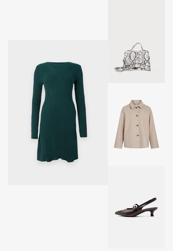 Beige villa sekoitujacket, jossa on kauluksen malli, viisi ruskeaa nappia, sivutaskut ja laatikkomainen silhouette. Pehmeä rakenne ja minimalistinen muotoilu.; Tummanvihreä ribatty pitkähiha dressi, jossa on istuva vyötärö ja hienovarainen kuviointitekstuuri, esillä pelkällä valkoisella taustalla.; Marco Tozzi Avokkaat - cinnamon; Python-print laukku, valkoinen ja musta, rakenteellinen muotoilu yläpään kahvalla ja irrotettavalla hihnalla, jossa on taitettu etureuna ja vihreä tarran.