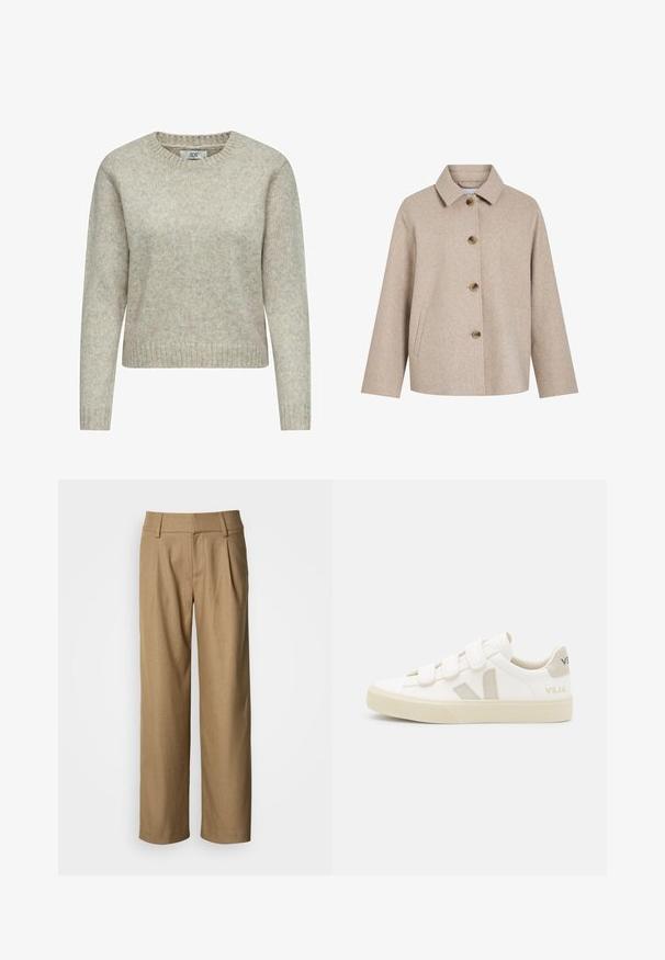 Beige wollen mix jas met een kraag, vijf bruine knopen, zijzakken en een boxy silhouette. Zachte textuur en minimalistisch ontwerp.; Lichtbeige vrouwen trui gemaakt van zacht gebreide stof, met een ronde halslijn en ribgebreide manchetten en zoom. Klassiek, recht gesneden ontwerp.; Lichtebruine broek met wijde pijpen en een textuurstof, voorzien van voorplooien en een klassieke tailleband. Rechte snit met een losse pasvorm.; Witte sneakers met klittenbandsluitingen, suède accenten in beige, gestructureerde rubberen zool en een V-logo in grijs. Minimalistisch ontwerp, ronde vorm.