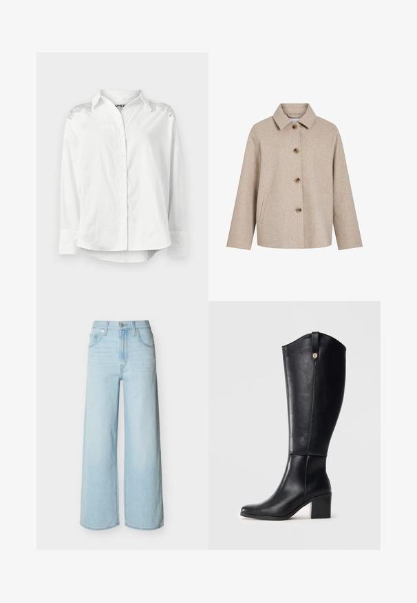 Beige uldblandingsjakke med krave, fem brune knapper, sidelommer og en boksformet silhuet. Blød tekstur og minimalistisk design.; Hvid skjorte med knaplukning, struktureret krave, lange ærmer og dekorative detaljer på skuldrene. Har en afslappet pasform og glat tekstur.; Lyseblå vidbenede jeans med forreste knap- og lynlås-lukning, bæltestropper og klassisk design med fem lommer.; Sorte knæhøje læderstøvler med firkantet tå og blokhæl. Har en sidesøm og en dekorativ metalaccent øverst.