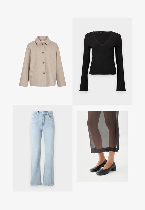 Beige uldblandingsjakke med krave, fem brune knapper, sidelommer og en boksformet silhuet. Blød tekstur og minimalistisk design.; Sort, tætsiddende top med lange ærmer i tekstureret stof og V-udskæring, med let udvidede ærmer og kort skæring.; Lyseblå jeans med højtaljet pasform, knap- og lynlåslukning, for- og baglommer samt let udvidede ben.; Sorte sko med blokhæle og glat læderfinish, båret med et gennemsigtigt sort skørt med en ren kant og minimalistisk design.