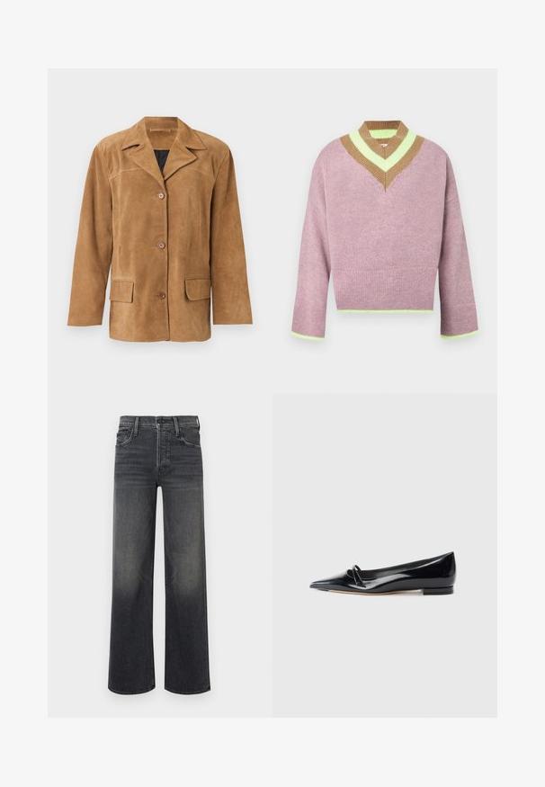 Veste en daim marron clair pour homme avec col cranté, trois boutons devant, poches à rabat et manches longues sur fond clair uni.; Pull court col en V en rose doux avec des rayures marron et vertes au niveau de l'encolure et des bordures. Tissu texturé avec des manches amples.; Jeans à jambes larges en denim gris foncé, avec un effet dégradé subtil. Design classique à cinq poches avec passants de ceinture et coutures visibles.; Chaussure plate en cuir verni noir avec un bout pointu, une petite lanière décorative et un petit talon carré. Texture lisse et design épuré.