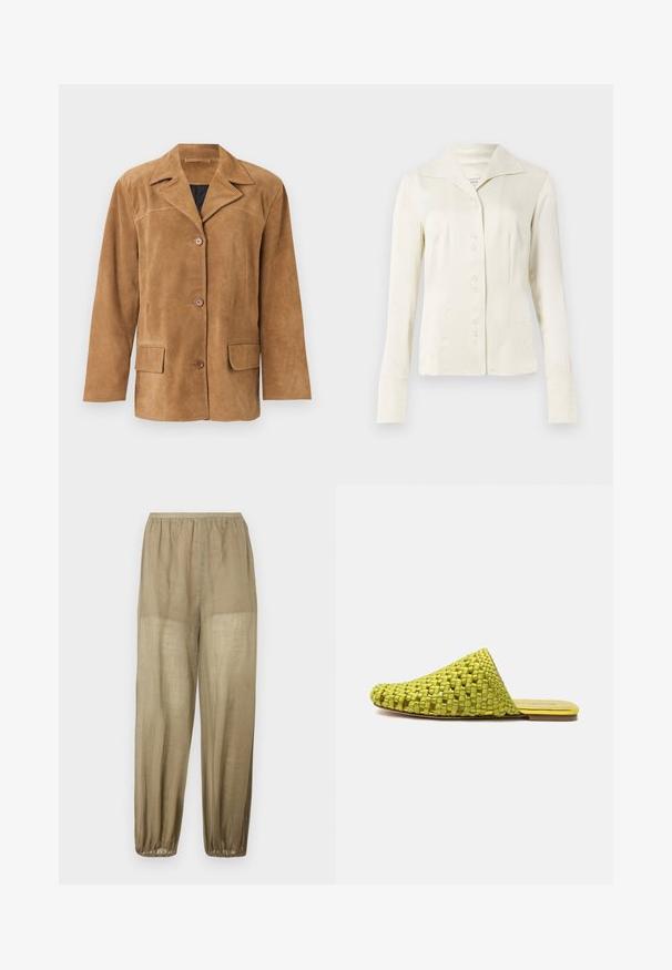 Veste en daim marron clair pour homme avec col cranté, trois boutons devant, poches à rabat et manches longues sur fond clair uni.; Blouse à manches longues de couleur blanc cassé, avec un large col et une taille cintrée, présentée sur un fond clair et uni.; Pantalon en lin beige léger et ample avec une taille élastique et des poignets élastiques aux chevilles.; Mule en tissu vert à enfiler avec semelle plate et bout pointu fermé, conçue pour un usage décontracté.