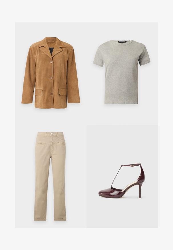 Veste en daim marron clair pour homme avec col cranté, trois boutons devant, poches à rabat et manches longues sur fond clair uni.; T-shirt en coton gris clair à manches courtes et col rond avec une étiquette noire visible à l'intérieur du col indiquant "DENIM" et la taille "S."; Pantalon beige en coton avec une coupe droite, doté d'une fermeture à bouton sur le devant, de deux poches sur le devant et de détails de couture subtils.; Chaussure à talon haut en cuir verni bordeaux avec bout pointu, boucle sur la bride de cheville et détail de bride en T sur fond neutre.