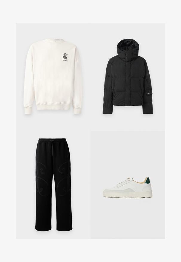 Zwarte pufferjack met hoge kraag, voorzien van een gladde stofstructuur, rits sluiting en twee vo zakken. Merkul op de mouw.; Witte katoenen sweatshirt met ronde hals, ribgebreide mouwen en onderrand, met een zwarte slangafbeelding en de tekst "HAN KJØBENHAVN" op de borst.; Zwarte sweatpants met een comfortabele pasvorm, voorzien van complexe draaiende stikpatronen langs de zijkanten en een elastische tailleband met trekkoord.; Witte sneaker met suède accenten, ronde neus, platte veters en een crème rubberen zool. Bevat groene branding op de hiel.