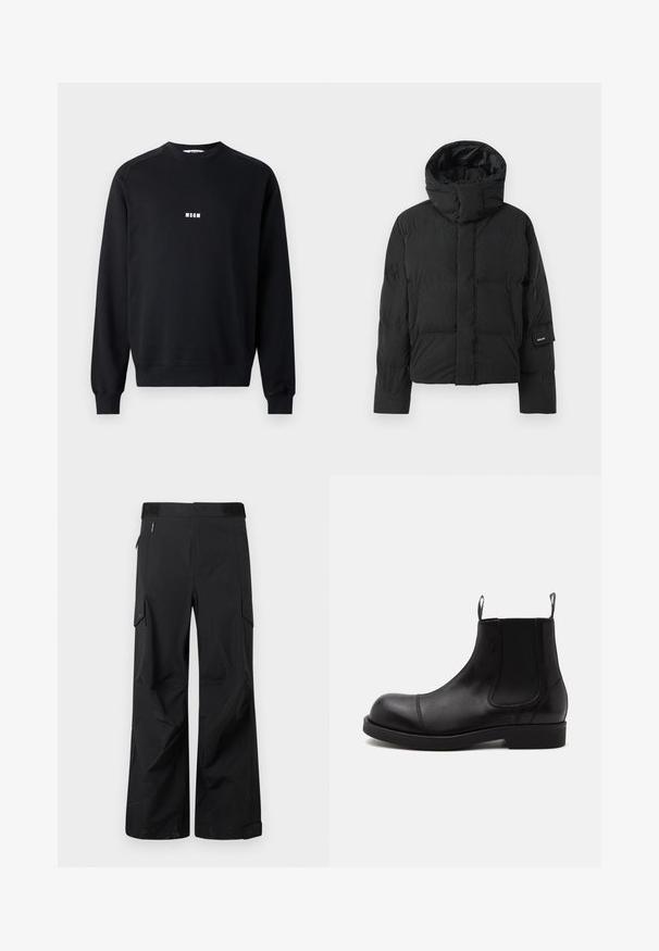 Veste matelassée noire avec un col montant, dotée d'une texture de tissu lisse, d'une fermeture éclair et de deux poches avant. Étiquette de marque sur la manche.; Sweatshirt noir en coton mélangé, avec un col rond, des manches longues, des poignets côtelés et un logo MSGM blanc sur la poitrine.; Pantalons cargo noirs en tissu lisse et résistant à l'eau. Dotés de jambes larges, de multiples poches latérales et d'une taille plate avec un branding subtil.; Bottine Chelsea en cuir noir à bout arrondi, panneaux latéraux élastiques, languettes à l’avant et à l’arrière, semelle plate, vue de côté sur fond blanc.