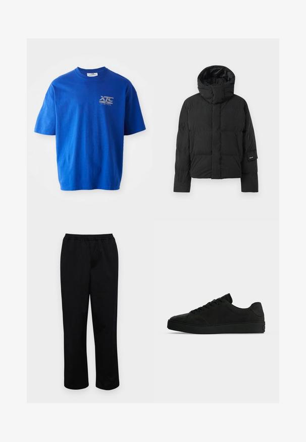 Veste matelassée noire avec un col montant, dotée d'une texture de tissu lisse, d'une fermeture éclair et de deux poches avant. Étiquette de marque sur la manche.; T-shirt en coton bleu à manches courtes, avec un logo gris sur le côté supérieur gauche de la poitrine, col rond et coupe décontractée.; Pantalons noirs mi-longs avec une taille élastique. Fabriqués en tissu lisse, présentant une coupe décontractée et sans poches ni embellissements visibles.; Baskets basses noires avec lacets à l'avant et semelle épaisse, vues de côté sur un fond uni clair.