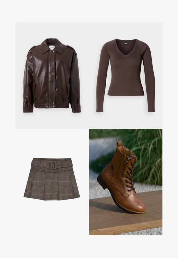 Braune Lederjacke mit Kragen, Druckknopfverschluss, Seitentaschen und elastischem Saum. Glatte Textur mit dezentem Glanz.; Braunfarbener langärmeliger V-Ausschnitt-Oberteil mit tailliertem Schnitt, aus glattem Stretchstoff gefertigt, mit Raglanärmeln und sauberen Säumen.; Karierte Miniröcke in Schwarz, Braun und Beige. Er verfügt über eine taillierte Taille, Falten und einen strukturierten Stoff mit einem geometrischen Muster.; Brauner Leder-Stiefelette mit seitlichem Reißverschluss und Schnürsenkeln, auf einer Holzoberfläche im Freien platziert, mit unscharfem Grün im Hintergrund.