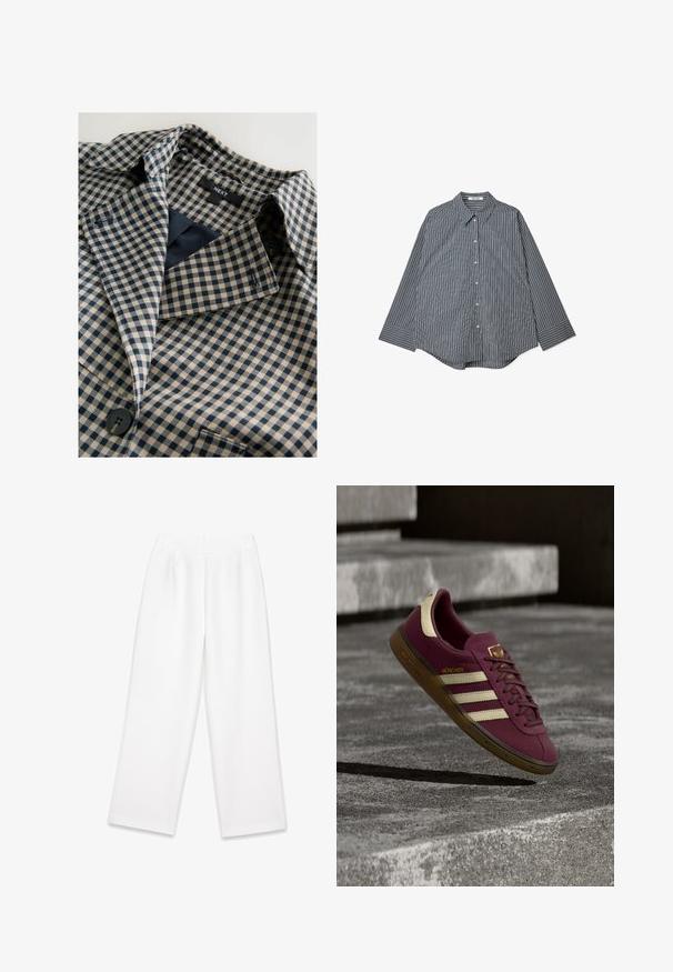 Tela a cuadros azul marino y crema con diseño de cuello, que cuenta con un solo botón y un forro interior suave. La etiqueta dice "NEXT".; Camisa de botones a rayas en blanco y negro con mangas largas, cuello puntiagudo y dobladillo redondeado. Presenta rayas verticales y detalles en los puños.; Pantalones de pierna ancha blancos con una textura suave, que presentan pliegues frontales, cierre con cremallera y trabillas para el cinturón. Sin patrones o acentos visibles.; Zapatilla Adidas München color marrón granate con rayas crema y suela de goma, flotando sobre una superficie de hormigón cerca de unos escalones.