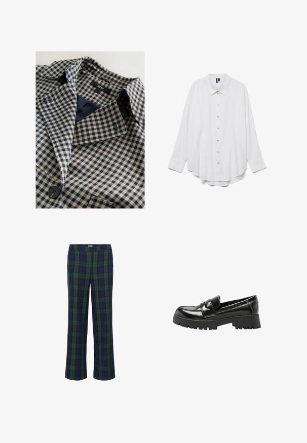 Tela a cuadros azul marino y crema con diseño de cuello, que cuenta con un solo botón y un forro interior suave. La etiqueta dice "NEXT".; Camisa blanca de manga larga con botones, cuello puntiagudo y bajo curvado, mostrada sobre un fondo blanco liso.; Pantalones a rayas en verde y azul marino con un diseño de pierna recta y una cintura elástica. La tela tiene una textura suave y presenta un clásico patrón de cuadros.; Mocasín negro de cuero con suela gruesa dentada y tacón bajo, con una correa sobre la parte superior y diseño de puntera mocasín.