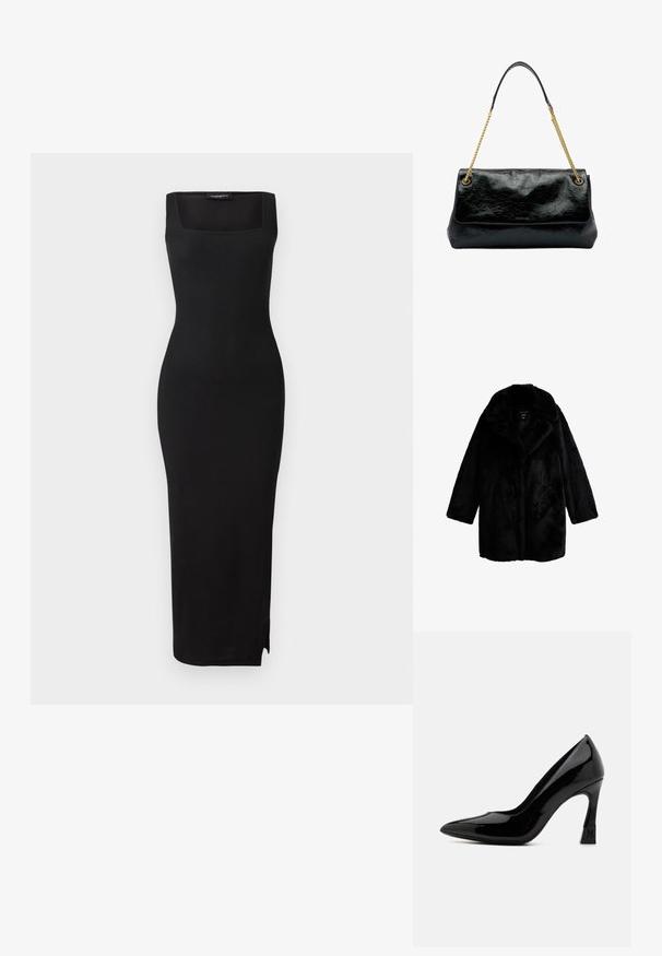 Abrigo de piel sintética negra con collar ancho, mangas largas y bolsillos laterales. Textura suave y diseño cálido adecuado para climas fríos.; Vestido midi de punto acanalado negro con escote cuadrado, silueta ajustada y abertura lateral. El material tiene una textura suave. Diseño simple.; Zapato de tacón alto de charol negro con punta afilada y tacón cuadrado que presenta un acento de logo. Textura de superficie suave y brillante.; Bolso de mano de cuero negro con textura arrugada, con una correa de cadena dorada y cierre de solapa. Detalle sutil del logo en la parte frontal.