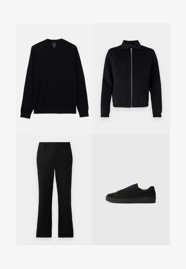 Sort lynlåsjakke med krave, sidelommer, ribstrikkede ærmeafslutninger og en glat stoftekstur. Enkel, struktureret design.; Sort langærmet crewneck sweater med ribbet manchetter og nederkant, Armani Exchange mærket synligt på indersiden af kraven.; Sorte flagrende bukser lavet af en blanding af bomuldsstof, med knaplukning, bælteløkker og en glat tekstur uden synlige mønstre.; Sort semsket sneakers med en flad, tekstureret sål, rund tå, seks snørrehuller og et minimalistisk design.