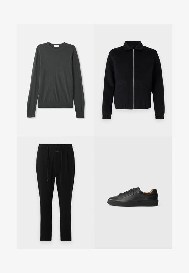 Chaqueta negra con cremallera, cuello con solapa, bolsillos laterales, puños acanalados y textura de tela lisa. Diseño simple y estructurado.; Un suéter de punto de manga larga en gris oscuro con cuello redondo, puños ajustados y un dobladillo acanalado. Textura suave sin patrones o adornos visibles.; CLOSED VIGO TAPERED - Pantalones chinos - dark night; Zapatilla negra de cuero de caña baja con superficie texturizada, cordones negros y suela de goma gruesa, mostrada de lado sobre un fondo claro.