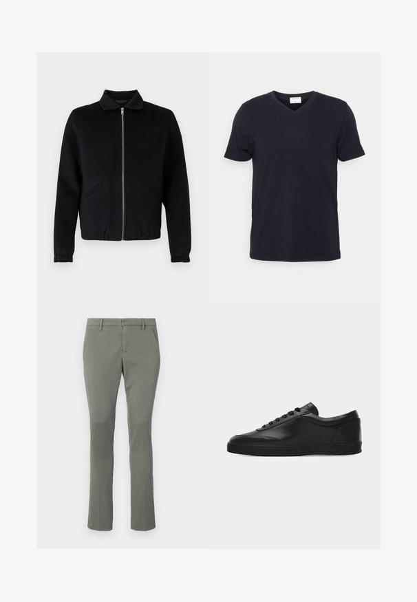 Veste noire zippée avec col, poches latérales, poignets côtelés et texture de tissu lisse. Design simple et structuré.; T-shirt noir à col en V en coton, doté de manches courtes et d'une coupe décontractée. Design simple, sans motifs ni accents supplémentaires.; Chinos gris avec une coupe droite, dotés de deux poches latérales et d'une taille épurée. Fabriqués à partir d'un tissu lisse et léger.; Baskets basses en cuir noir avec lacets sur le devant et semelle en caoutchouc plate, vues de côté sur un fond blanc uni.