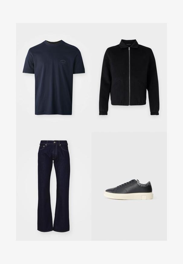Sort lynlåsjakke med krave, sidelommer, ribstrikkede ærmeafslutninger og en glat stoftekstur. Enkel, struktureret design.; Marineblå bomulds T-shirt med korte ærmer, rund hals og et broderet logo på venstre bryst. Glat tekstur, klassisk pasform.; Mørkeblå denim flared jeans med høj talje, der har kontrasterende gul sytråd og metaludstyr ved taljen og lommerne.; Sorte lædersneakers med en tekstureret overflade, hvid sål og mønstrede detaljer ved hælen. Snørebåndsdesign med seks øjer.