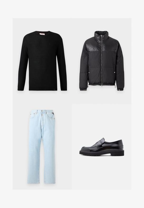 Replay WINTER PUFFER - Zimná bunda - black; Čierny pletený sveter s dlhými rukávmi a okrúhlym výstrihom. Jemná textura a malá logo detail na hrudi. Klasický a univerzálny dizajn.; Svetlo modré denimové džínsy s rovnými nohavicami. Majú zapínanie na gombík a zips, päť vreciek a kontrastné prešívanie.; Čierne kožené nazúvacie topánky s elegantným dizajnom, okrúhlou špičkou a hrubou, textúrovanou gumovou podrážkou. Obsahujú dekoratívny remienok cez prednú časť.