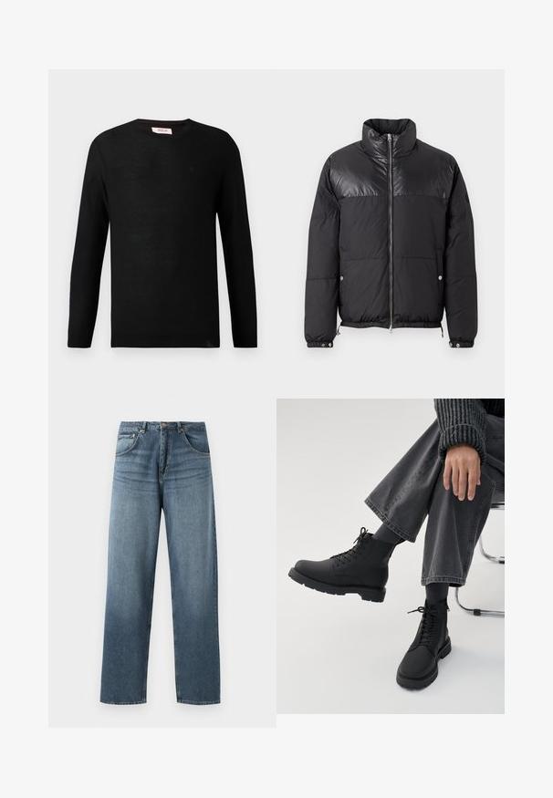 Replay WINTER PUFFER - Chaqueta de invierno - black; Suéter de punto negro con mangas largas y cuello redondo. Textura sutil y un pequeño detalle del logotipo en el pecho. Diseño clásico y versátil.; Jeans de mezclilla azul de pierna recta con un lavado desgastado, que cuentan con un diseño de cinco bolsillos, botón de metal y presillas para cinturón. Tejido estructurado y de peso medio.; Persona sentada con las piernas cruzadas con botas negras con cordones, calcetines oscuros, pantalones grises de pierna ancha y un suéter oscuro con textura acanalada sobre fondo blanco.