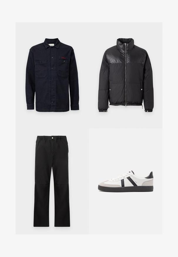 Replay WINTER PUFFER - Vinterjakker - black; Mørkeblå denimskjorte med lange ærmer, knaplukning foran, to brystlommer og et lille rødt "REPLAY" logo på den venstre lomme.; Sorte bukser lavet af bomuld med elastisk talje, med et lige ben-design, glat tekstur og uden synlige detaljer eller mønstre.; Hvide sneakers med sorte og grå detaljer, med en tekstureret grå tåhætte, sort gummisål og flade hvide snørebånd. Rent design, minimalistisk stil.