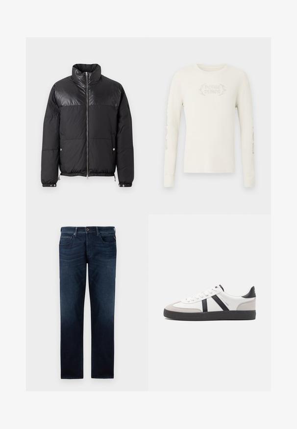 Replay WINTER PUFFER - Winterjacke - black; Langärmeliges, cremefarbenes, geripptes T-Shirt mit der Stickerei "DODGE DEMON" auf der Vorderseite und Grafiken auf dem rechten Ärmel. Weiche Textur.; Dunkelblaue Jeans aus Denim mit geradem Bein, fünf Taschenstil und sichtbarem Knopfverschluss an der Taille. Glatte Textur.; Weiße Sneaker mit schwarz- und grau-aczenten, ausgestattet mit einer strukturierten grauen Zehenkappe, schwarzer Gummi-Sohle und flachen weißen Schnürsenkeln. Sauberes Design, minimalistische Stil.
