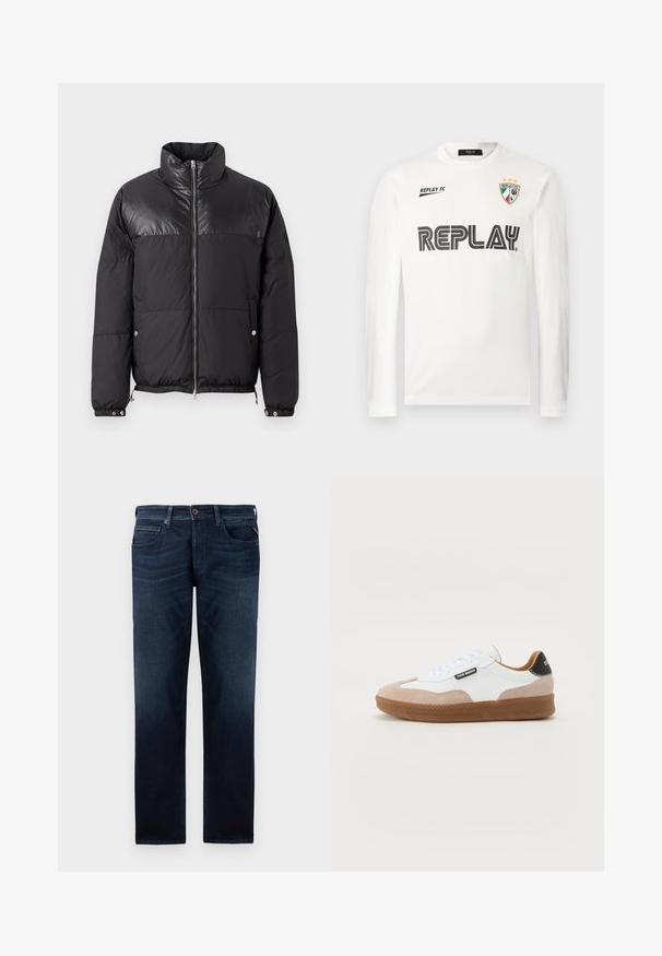 Replay WINTER PUFFER - Winterjas - black; Witte lange mouwen shirt met zwarte "REPLAY" tekst over de borst, kleine "REPLAY FC" tekst op de bovenlinkerzijde, en een driekleurig schildembleem met drie sterren op de bovenrechterside.; Donkerblauwe denim jeans met een rechte pijpdesign, vijf-pocketstijl en een zichtbare knoopsluiting in de taille. Soepele textuur.; Witte en tan suède sneakers met een bruine rubberen zool, platte veters en een zwarte hielaccent. Heeft logodetail aan de zijkant.