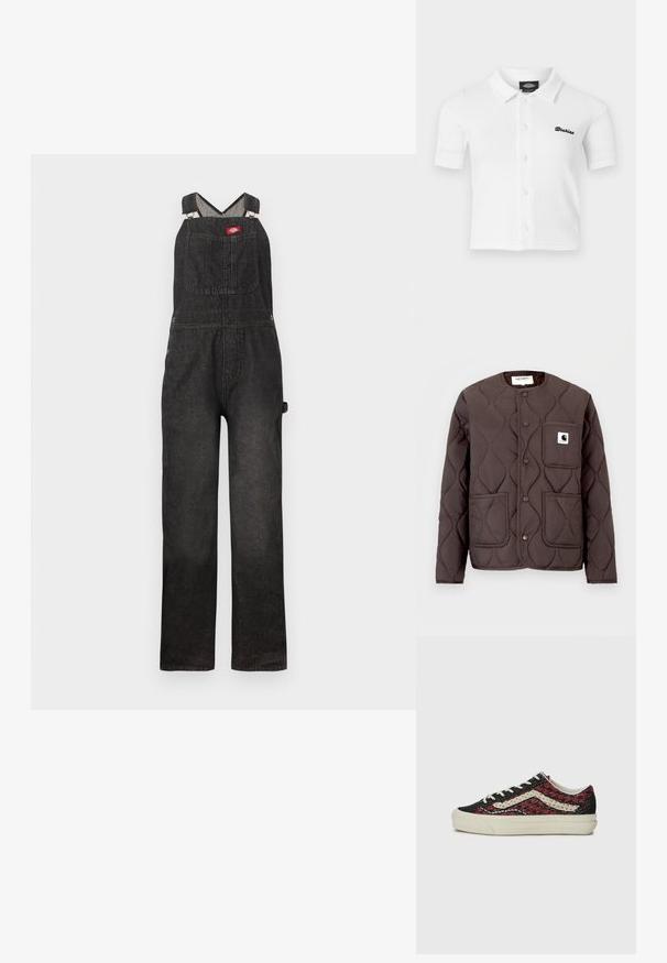 Mørkebrun quiltet jakke med rund halsudskæring, trykknapper, to forlommer og en venstre brystlomme med et logo-patch.; Sorte denim-overalls med justerbare skulderstropper, en frontbrystlomme og en afslappet straight-leg pasform.; Hvid kortærmet skjorte med knapper og krave, tekstureret stof og sort "Dickies"-logo broderet på venstre bryst.; Vans OLD SKOOL 36 UNISEX - Sneakers - bordeaux