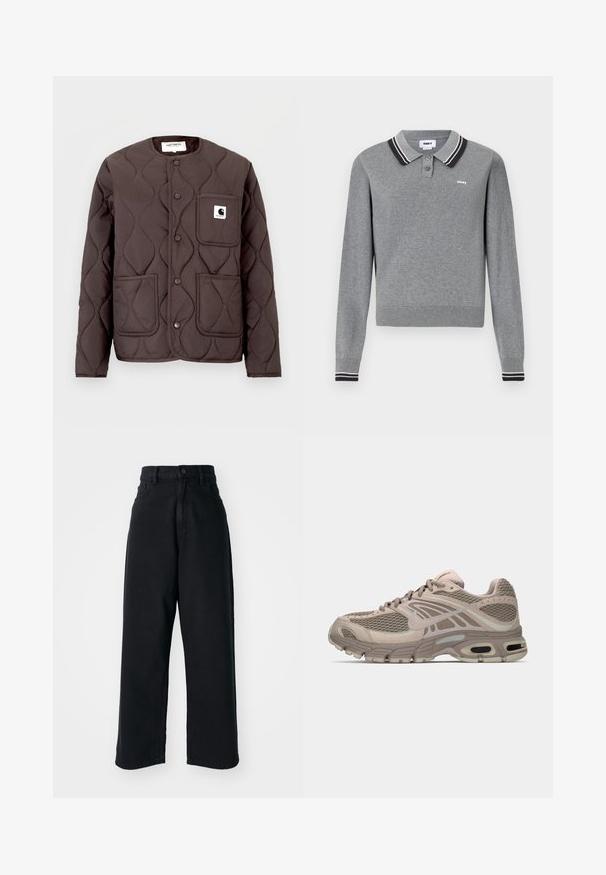 Mørkebrun quiltet jakke med rund halsudskæring, trykknapper, to forlommer og en venstre brystlomme med et logo-patch.; Grå langærmet polo sweater med sort og hvidstribet krave og manchetter, to knapper og lille "obey" logo på brystet.; Sorte højtaljede vid ben jeans med frontlommer og knaplukning, præsenteret mod en plain hvid baggrund.; Beige sportssko med mesh-overdel, formede detaljer, rund tå og synlig luftdækning i sålen. Snørebånd i neutral farve.