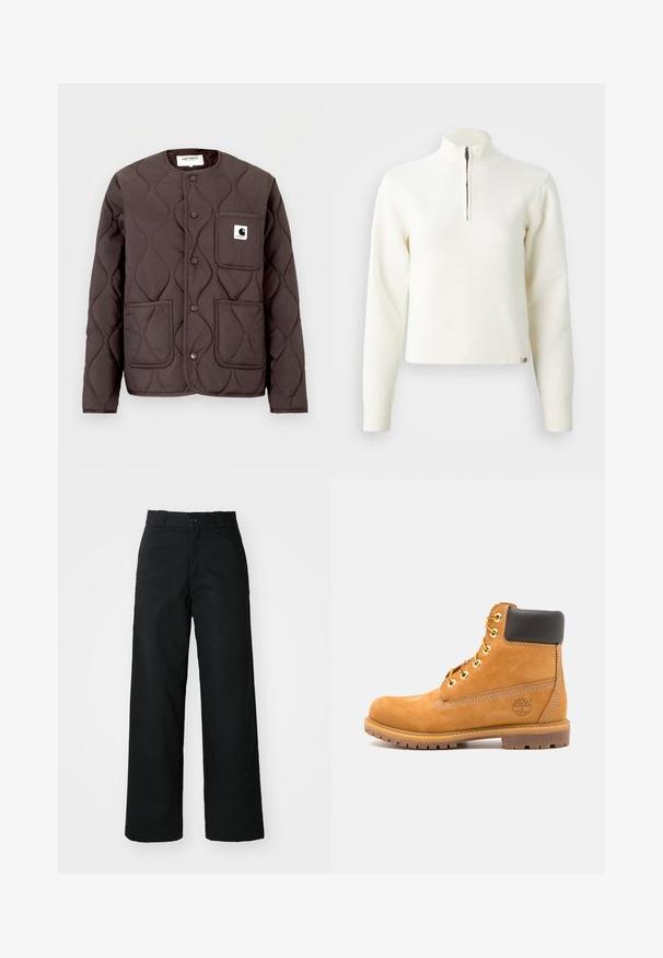 Mørkebrun quiltet jakke med rund halsudskæring, trykknapper, to forlommer og en venstre brystlomme med et logo-patch.; Hvid, sweater med lynlås ved halsen og lange ærmer. Lavet af et blødt strikmateriale, med ribbede manchetter og kant. Diskret mærke-logo ved kanten.; Sorte vide bukser med flad front, knaplukning og bæltestropper. Fremstillet af holdbart stof med en glat tekstur.; Brune læder ankelstøvle med sort polstring, gyldne øsken og en tekstureret sål. Har et cirkulært logo på siden og synlige syninger.