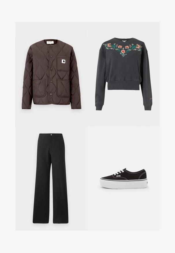 Veste matelassée marron foncé avec un col rond, des boutons-pression, deux poches avant et une poche poitrine gauche ornée d'un écusson logo.; Sweat-shirt court gris foncé à manches longues avec poignets et ourlet côtelés, arborant une broderie florale colorée sur la poitrine et les épaules.; Pantalons larges noirs en tissu doux, avec une fermeture à bouton à l'avant, des lignes épurées et un design minimaliste sans motifs.; Baskets en toile noires avec une semelle en caoutchouc blanc, dotées de lacets et de coutures blanches, marquage emblématique sur le côté, design basse.