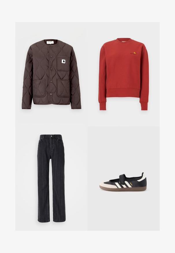 Mørkebrun quiltet jakke med rund halsudskæring, trykknapper, to forlommer og en venstre brystlomme med et logo-patch.; Rød crewneck-sweatshirt med lange ærmer og ribbede manchetter, med en lille gul og sort Carhartt-logo på venstre bryst.; Højtaljede sorte denimjeans med lodrette striber, lige ben og metalknaplukning fortil.; Sort og beige sko med velcrolukning, tre hvide striber på siden og en tekstureret brun gummisål. Mærkelogo er synligt.