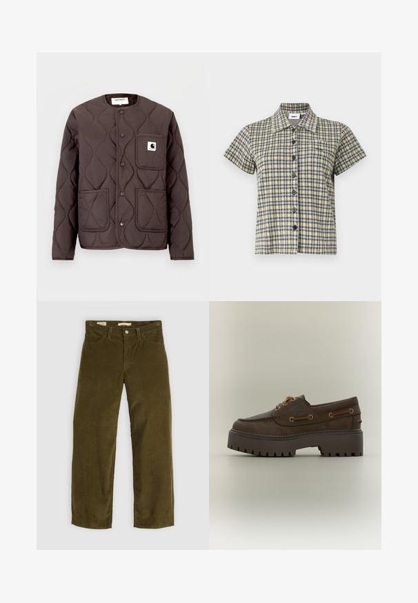 Dunkelbraune gesteppte Jacke mit rundem Ausschnitt, Druckknöpfen, zwei vorderen Taschen und einer linken Brusttasche mit Logo-Patch.; Kurzärmeliges Hemd mit Knopfleiste, gelbem, schwarzem und weißem Karomuster und Kragen, vor einfachem Hintergrund präsentiert.; Olivgrüne Cordhosen mit geradem Bein, die über Fronttaschen und einen Knopfverschluss verfügen und eine vertikale Rippstruktur aufweisen.; Brauner Leder-Plateau-Bootsschuh mit dicker Profilsohle, Schnürösen und seitlichem Leder-Schnürdetail auf neutralem Hintergrund.