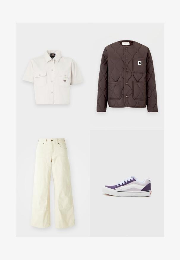 Dunkelbraune gesteppte Jacke mit rundem Ausschnitt, Druckknöpfen, zwei vorderen Taschen und einer linken Brusttasche mit Logo-Patch.; Kurze ärmelige, cropped weiße Bluse aus Baumwolle mit zwei Brusttaschen, Knopfleiste vorne und einem Logopatch auf der linken Tasche.; Beige weite Hosen aus Baumwolle mit hoher Taille, großen Fronttaschen und einer glatten Textur mit minimalen Nähten.; Lila und weiße Wildledersneaker mit einem tiefen Design, ausgestattet mit einer abgerundeten Zehenpartie, weißen Schnürsenkeln und einem schwarzen Streifen entlang der Sohle.