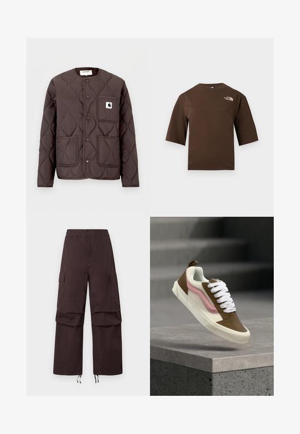 Veste matelassée marron foncé avec un col rond, des boutons-pression, deux poches avant et une poche poitrine gauche ornée d'un écusson logo.; T-shirt marron à manches courtes avec un col rond et le logo The North Face imprimé en blanc sur la partie supérieure gauche de la poitrine.; Pantalons cargo marron foncé avec une taille élastique, deux poches latérales et des ourlets à cordon de serrage. Fabriqués à partir d'un tissu résistant avec une coupe décontractée.; Une basket marron, blanche et rose avec des lacets blancs flottant au-dessus d'un rebord en pierre grise, des marches grises floues en arrière-plan.