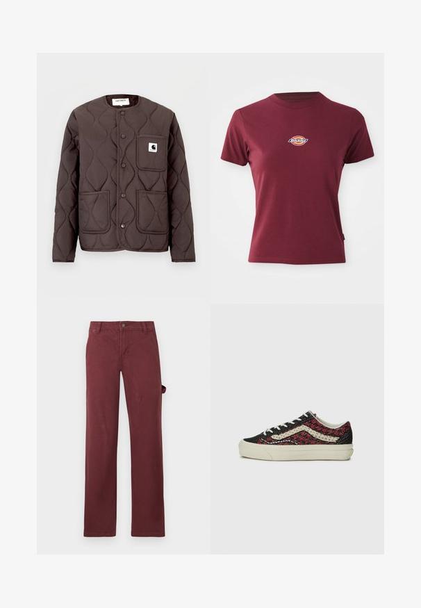Dunkelbraune gesteppte Jacke mit rundem Ausschnitt, Druckknöpfen, zwei vorderen Taschen und einer linken Brusttasche mit Logo-Patch.; Bordeauxrotes T-Shirt mit kurzen Ärmeln aus Baumwolle, mit Rundhalsausschnitt und kleinem, mehrfarbigen "Dickies"-Logo auf der Brust.; Burgunderfarbene, gerade geschnittene Hose aus Baumwolle mit einem knöpfbaren Bund und seitlichen Taschen. Glatte Textur, klassisches Design und ohne Muster.; Vans OLD SKOOL 36 UNISEX - Sneaker low - bordeaux