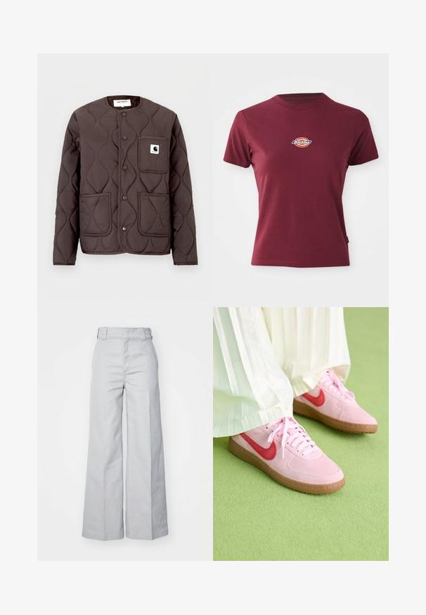 Chaqueta acolchada marrón oscuro con cuello redondo, botones de presión, dos bolsillos delanteros y un bolsillo en el pecho izquierdo con un parche de logo.; Camiseta corta de manga en color burdeos, fabricada en algodón, con cuello redondo y un pequeño logotipo multicolor de "Dickies" en el pecho.; Pantalones de pierna ancha color gris claro, hechos de una mezcla de algodón, con cintura alta, cinturilla estructurada y costuras visibles.; Zapatillas de ante rosa con un logo rojo y cordones a juego. La suela es de goma marrón clara. Llevadas con pantalones blancos con pliegues sobre una superficie verde.