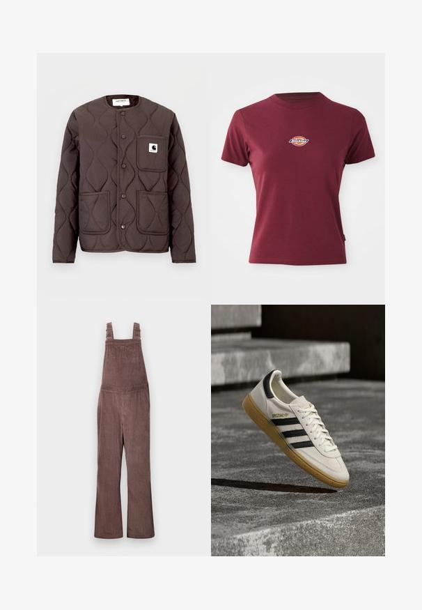 Chaqueta acolchada marrón oscuro con cuello redondo, botones de presión, dos bolsillos delanteros y un bolsillo en el pecho izquierdo con un parche de logo.; Camiseta corta de manga en color burdeos, fabricada en algodón, con cuello redondo y un pequeño logotipo multicolor de "Dickies" en el pecho.; Pantalones de tirantes de pana marrones con tirantes ajustables, piernas anchas y textura de estrías verticales. Presenta bolsillos laterales y un ajuste relajado.; Zapatilla blanca Adidas Spezial con rayas negras y suela de goma flotando sobre escalones de piedra grises al aire libre.