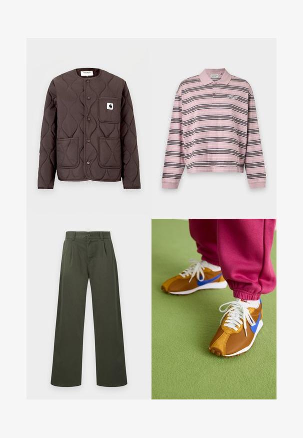 Mørkebrun quiltet jakke med rund halsudskæring, trykknapper, to forlommer og en venstre brystlomme med et logo-patch.; Langærmet lyserød polo med sorte og hvide vandrette striber og to-knaps lukning, med et lille broderet logo på brystet.; Olivengrønne bukser med lige ben, bæltestropper, knaplukning foran og sidelommer på hvid baggrund.; Brune og blå sneakers med en blanding af mesh og ruskindsmaterialer, prydet med hvide snørebånd og en tekstureret brun sål, placeret på grønne gulve.