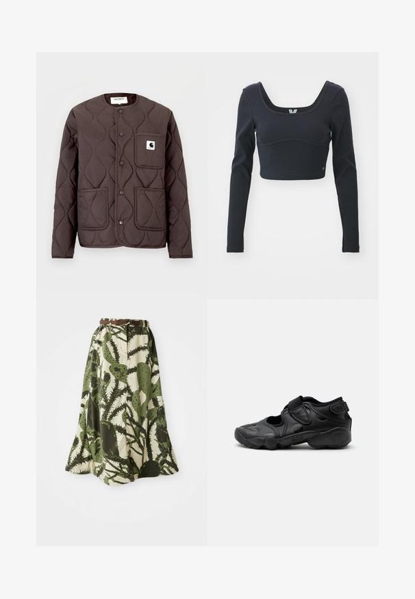 Mørkebrun quiltet jakke med rund halsudskæring, trykknapper, to forlommer og en venstre brystlomme med et logo-patch.; Sort langærmet cropped top i ribbet tekstur, med bred scoop-halsudskæring og tætsiddende silhuet, samt et diskret brandlogo.; Lang nederdel med kaktusprint i nuancer af grøn og creme, med en sammenpresset talje og et brunt bælte til lukning.; Sort atletisk sandal med lukket tå, velcro stropper ved mellemfoden og hælen samt tyk polstret sål markeret med "AIR" på siden.
