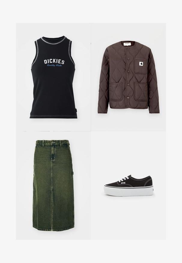 Donkerbruine gewatteerde jas met een ronde halslijn, drukknoopsluiting, twee voorzakken en een linkerborstzak met een logopatch.; Zwarte mouwloze tanktop met grijze stiksels. Voorzien van het "DICKIES" logo in wit en blauw. Gemaakt van een gladde, rekbare stof.; Groene denim rok met een middellange snit, een voorklep, knoopsluiting en riemlussen. De textuur is licht vervaagd, met zijzakken.; Zwarte canvas sneaker met een witte rubberen platformzool, voorzien van witte veters en stiksels, iconische branding op de zijkant, low-top ontwerp.