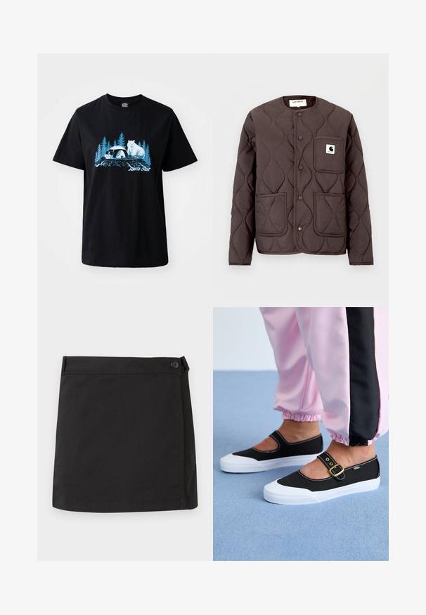 Donkerbruine gewatteerde jas met een ronde halslijn, drukknoopsluiting, twee voorzakken en een linkerborstzak met een logopatch.; Zwarte katoenen t-shirt met een blauwe graphic van een beer en een panda met bomen op de achtergrond. Korte mouwen en ronde hals.; Zwarte katoenen mini-rok met een zijwaartse knoopsluiting en een rechte zoom, plat neergelegd op een witte achtergrond.; Zwarte canvas schoenen met een witte zool, met een uitgesneden ontwerp en een gouden gespband. Draagt met roze joggingsbroek.
