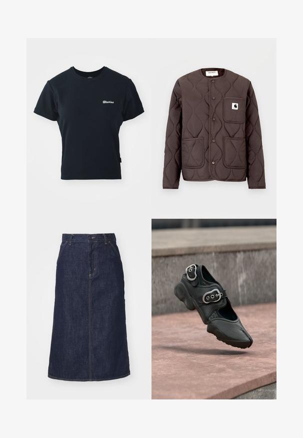 Dunkelbraune gesteppte Jacke mit rundem Ausschnitt, Druckknöpfen, zwei vorderen Taschen und einer linken Brusttasche mit Logo-Patch.; Schwarzes Baumwoll-T-Shirt mit kurzen Ärmeln, Rundhalsausschnitt und kleinem weißen gesticktem Logo auf der Brust. Klassisches, tailliertes Design.; Dunkelblaue Jeansrock mit hoher Taille, geradem Schnitt, aufgesetzten Taschen und genähten Nähten. Mit einem Reißverschluss und einem Knopfverschluss an der Taille.; Schwarzer gespalten zehiger Schuh mit zwei silbernen Schnallen, dicker Sohle und perforierten Details, schwebt über einer Steinoberfläche.