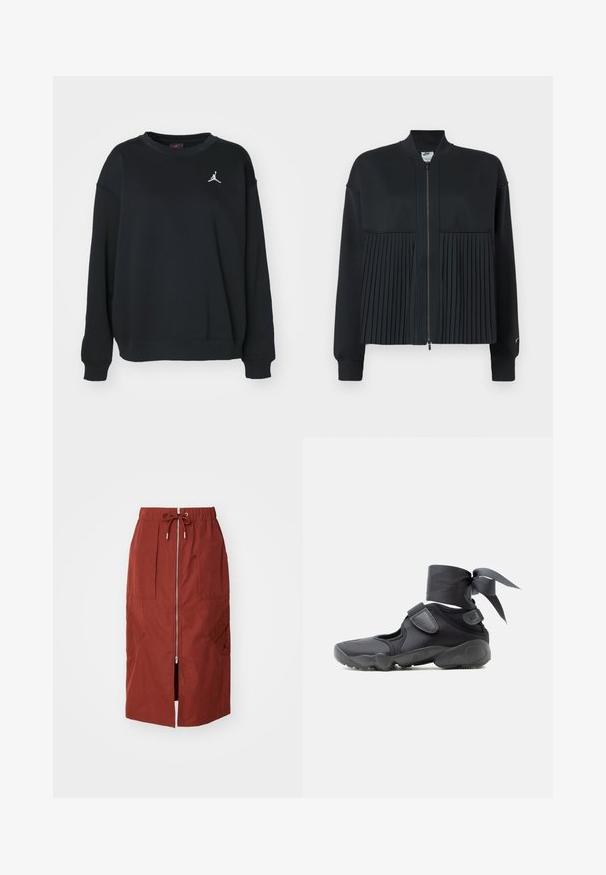 Veste noire avec une fermeture éclair à l'avant, présentant une partie supérieure lisse et une partie inférieure plissée. Composée d'un matériau doux et extensible.; Sweatshirt noir en coton, avec un col rond, des manches longues, des poignets et un bas en côtes, arborant un logo Jumpman blanc sur la poitrine.; Jupe mi-longue en rouge terre cuite, avec une fermeture éclair à l'avant, une taille élastique avec cordon de serrage et des poches latérales avec un design géométrique.; Chaussure de sport noire avec des découpes, des brides en velcro et un lacet autour de la cheville noué en un nœud, vue de côté sur un fond blanc.