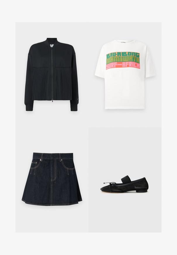 Zwarte jas met een ritssluiting aan de voorkant, met een glad bovenste gedeelte en een geplooid ondergedeelte. Gemaakt van een zachte, rekbare stof.; Witte T-shirt met korte mouwen met retro blokletters in het geel, groen en roze met de tekst "BILLABONG MAMIWATA SURF AFRICA."; Denim rok in donkerblauw, met een uitlopende uitstraling, riemlussen, voorzakken en contrasterende stiksels langs de naden.; Zwarte platte schoen met een spitse neus, gemaakt van gestructureerde stof, met een strikaccent en een kleine, ronde hak. Elastische strap bij de enkel.