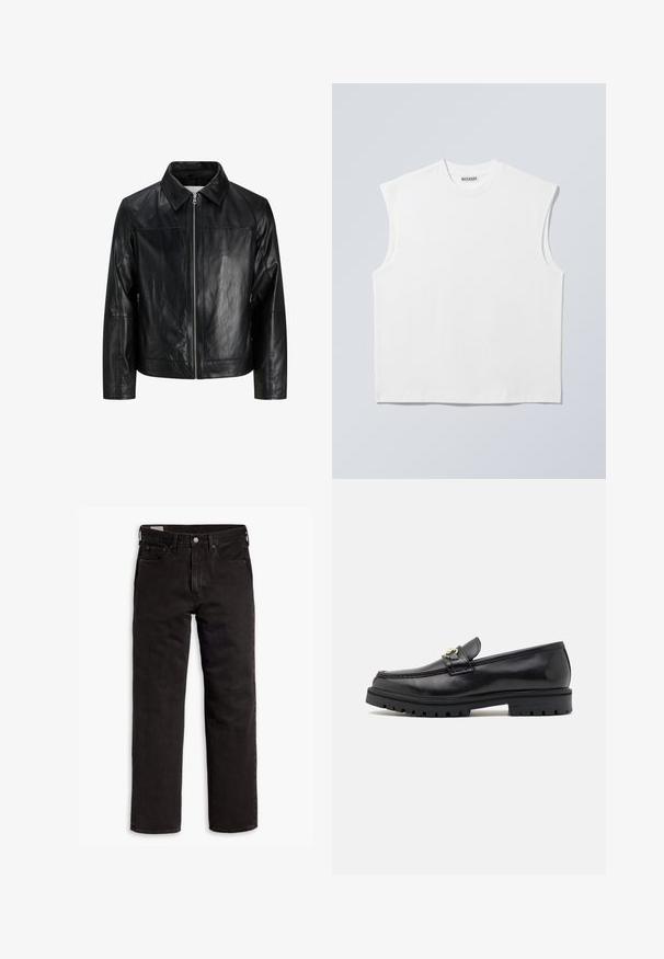 Veste en cuir noire avec fermeture éclair à l'avant, col pointu, manches longues et coutures simples, présentée sur fond blanc.; Haut blanc sans manches en coton à col rond avec épaules structurées, marqué "WEEKDAY" sur l'étiquette du col, présenté sur un fond gris clair.; Jean en denim noir à jambes droites avec cinq poches, fermeture à bouton et passants de ceinture, posés à plat sur un fond blanc.; Mocassins en cuir noir avec une finition lisse, bout rond, une sangle décorative avec des accessoires en or, et une semelle noire robuste.