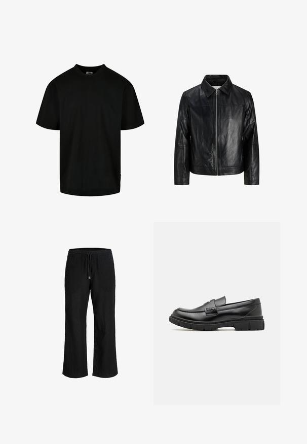 Schwarze Lederjacke mit Frontreißverschluss, spitzem Kragen, langen Ärmeln und einfachen Nahtdetails, vor weißem Hintergrund gezeigt.; Schwarzes T-Shirt aus Baumwolle, mit Rundhalsausschnitt und kurzen Ärmeln in lockerer Passform. Einfaches Design, ohne Muster oder Grafiken.; Schwarze weite Hose mit elastischem Bund und Kordelzug, aus leichtem, strukturiertem Stoff.; Schwarze Lederloafer mit einem breiten Riemen über dem Rist, Gummisohle mit dicken Profilen und glatter Textur. Klassisches, schlankes Design.