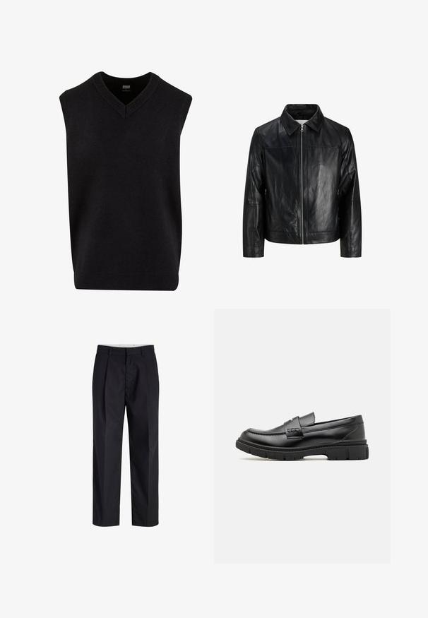 Chaqueta de cuero negra con cremallera frontal, cuello puntiagudo, mangas largas y costuras sencillas, mostrada sobre un fondo blanco.; Jersey sin mangas negro con escote en V, hecho de un material suave, que cuenta con un escote y dobladillo de canalé. Diseño simple y clásico.; Pantalones negros de tiro recto con cinturilla, trabillas, cremallera frontal y bolsillos laterales mostrados sobre un fondo blanco.; Mocasin de cuero negro con una cinta ancha en el empeine, suela de goma con tacos gruesos y textura suave. Diseño clásico y elegante.