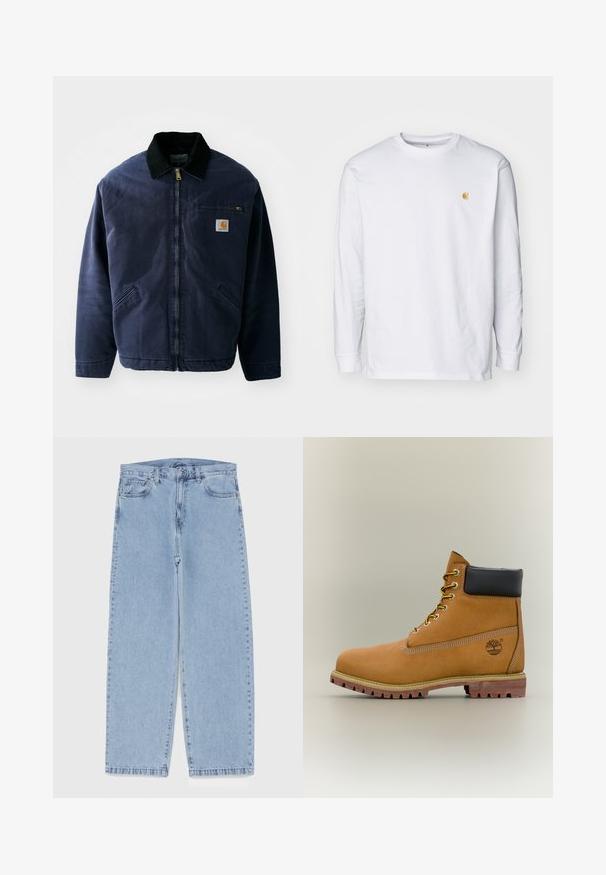 Chaqueta de trabajo azul marino con un collar de pana negro, cierre frontal, bolsillo en el pecho y dos bolsillos laterales. Tejido suave con un corte estructurado.; Camiseta de manga larga blanca de algodón. Cuenta con un pequeño logo dorado en el pecho y un cuello redondo. Diseño simple y corte estándar.; Jean de mezclilla azul claro con diseño de pierna recta, con una cintura de altura media, cinco bolsillos y un cierre de botón y cremallera.; Bota de tobillo de cuero marrón con cuello negro, cordones amarillos y suela beige. Presenta un logotipo y detalles de costura blanca. Suela exterior con tracción robusta.