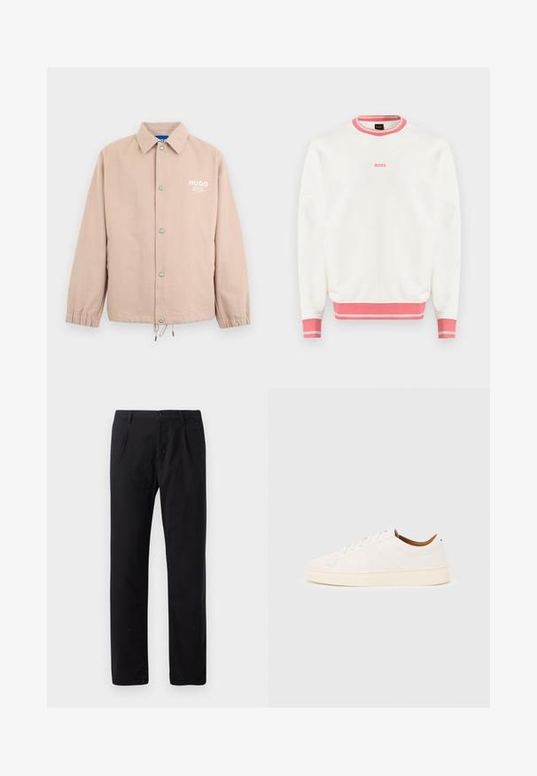 Chaqueta beige con botones, cuello, puños elásticos, dobladillo con cordón ajustable y el logo blanco "HUGO" en el pecho izquierdo.; Sudadera blanca de manga larga con cuello, puños y dobladillo acanalados en rosa, con pequeño logo rosa "BOSS" centrado en el pecho.; Pantalones negros en mezcla de algodón, con un diseño clásico de pierna recta, cierre de botón y sin patrones o adornos visibles.; Zapatilla blanca de corte bajo con diseño de cordones, detalles mínimos de costuras y suela color crema sobre un fondo gris claro.