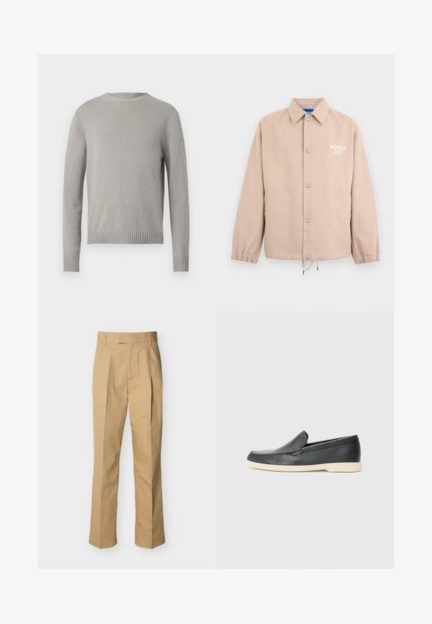 Beige jakke med knapper, krave, elastiske ærmekanter, snøre i kanten og hvidt "HUGO"-logo på venstre bryst.; Lys grå strikket sweater med rund halsudskæring, ribbede manchetter og kant. Har et struktureret stof i en ensfarvet farve uden mønstre.; Beige bukser lavet af glat bomuld med høj talje, der har folder foran og lige ben. Ingen synlige metaldele eller mønstre.; Sort læder slip-on loafer med beige sål, placeret i luften nær et metaltrådstativ til magasiner på en terrazzo-gulv.